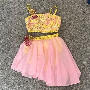 yellow and pink two piece dance costume